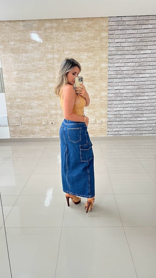 Saia Midi Jeans Cargo Feminino - 001.01.9053