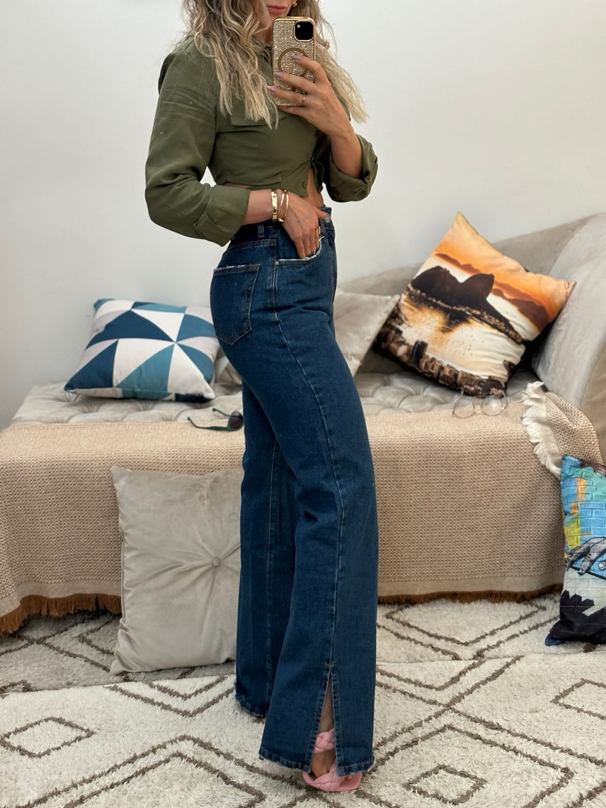 Calça Reta Com Abertura Lateral Jeans Feminino - 013.10.0018