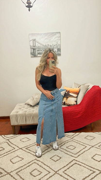 Saia Midi Abertura Dupla Jeans Feminino - 001.01.9065