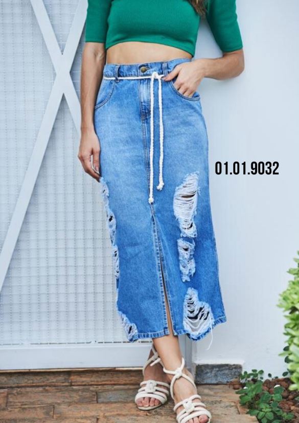 Saia Midi Cordão Destroyed Jeans Feminino - 01.01.9032