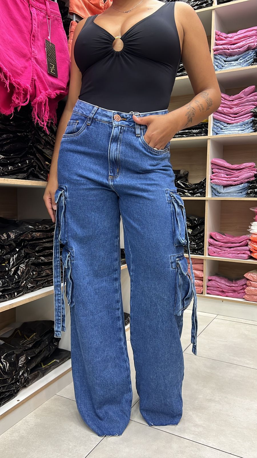 Calça Wide Leg Cargo Jeans Feminino - 013.57.0001